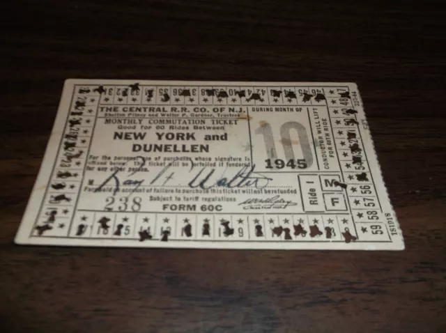 October 1945 Cnj Central Railroad Of New Jersey Dunellen, Nj Monthly Ticket