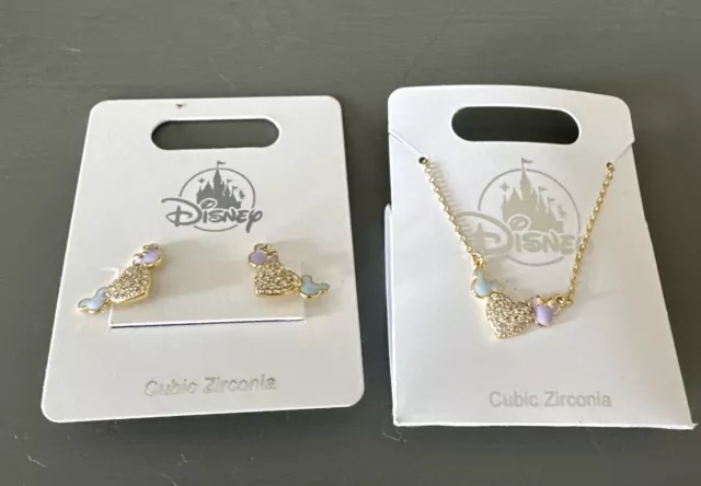 Disney Mickey Minnie Icon & Heart  Cubic Zarconia Gold Tone Necklace Earrings