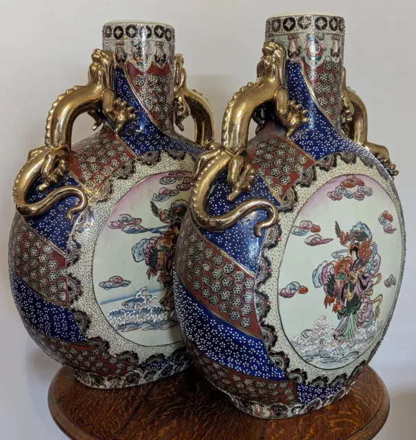 Large Pair of Satsuma Hand Painted Japanese Decorative Oriental Vases