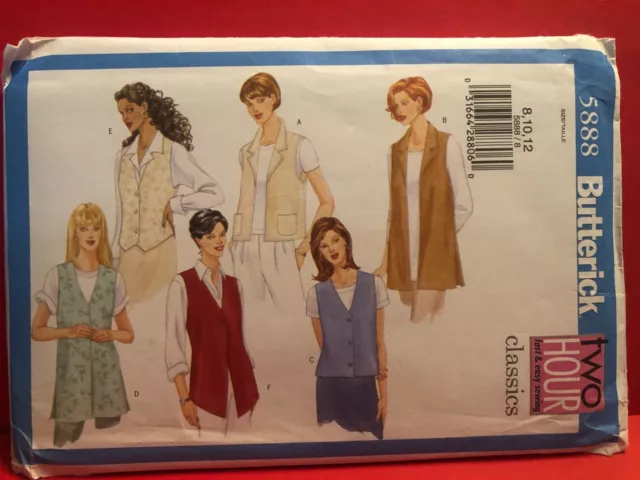 Butterick Pattern 5888 MISSES & PETITE VESTS Sz 8-12 Collar V-Neck Long Pockets