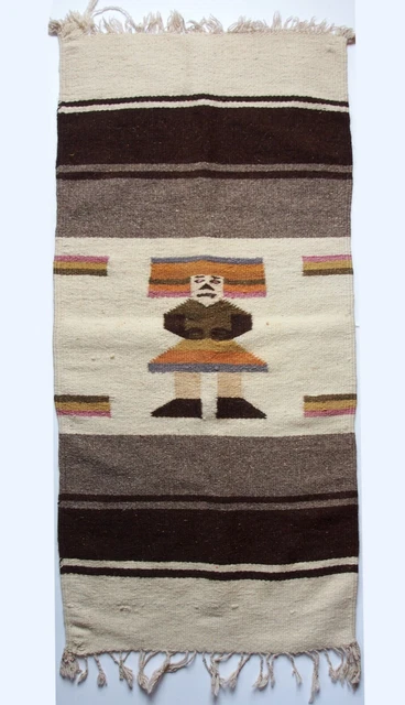 Vintage Hand-Woven Zapotec Wool Rug Natural Dyes Oaxaca Mexico 39.5" L x 19" W