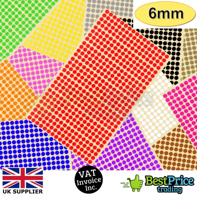 952 x 6mm Coloured DOT STICKERS Round Sticky Adhesive Spot Circles Paper Labels