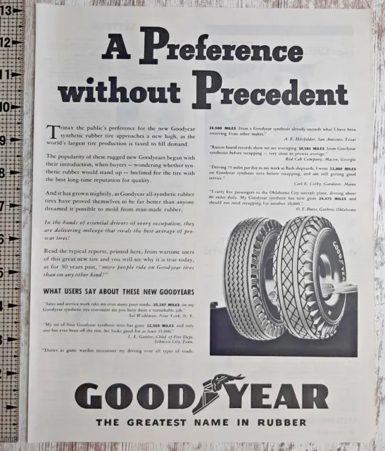 1945 Goodyear Tires Vintage Print Ad Rubber Synthetic Rugged American Miles B&W