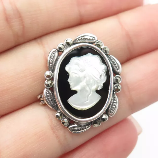 925 Sterling Silver Vintage Real MOP Black Onyx & Marcasite Cameo Pin Brooch
