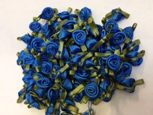 100 X Mini Small Royal Blue Satin Ribbon Rose Buds Flowers with Green Leaves