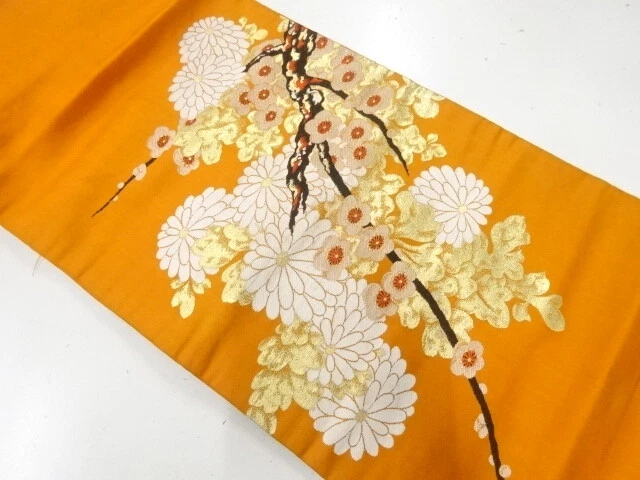 37170# Japanese Kimono / Antique Nagoya Obi / Woven Kiku & Ume Blossom