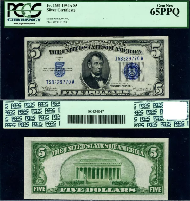 FR. 1651 $5 1934-A Silver Certificate I-A Block Gem PCGS CU65 EPQ