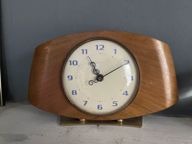 Vintage Retro Mantel Shelf Desk Clock Battery Powered Teak & Brass Prop