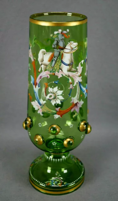 Harrach Bohemian Hand Enamelled Floral Scrollwork Medieval Knight Glass Vase B