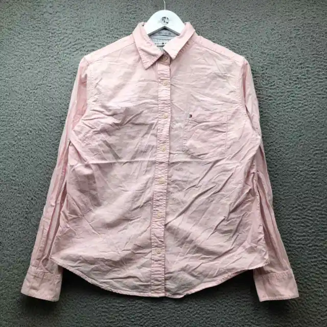 Tommy Hilfiger Button Up Shirt Womens Medium M Long Sleeve Embroidered Logo Pink