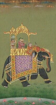 Miniature Ancien Peinture King Et Reine Equitation Sur Éléphant Sur Papier Art 3
