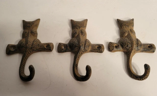 3x vintage Cat Tail Key Hook Cast Iron Towel Coat Hanger Wall Mounted