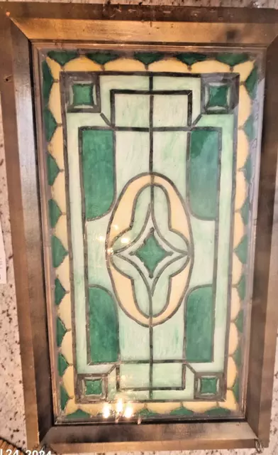 Vintage Stained Glass Yellow/Green Hanging Window Panel Wood Framed 26.25x15.75”