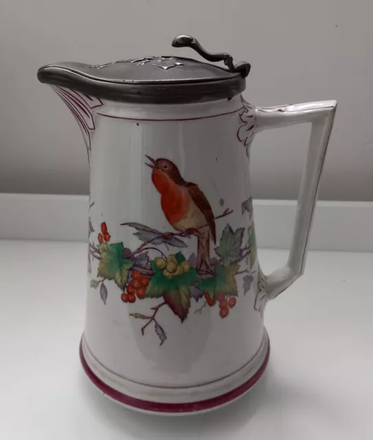 Beautiful Antique P B & Co Coffee Pot With Pewter Lid Bird Pattern 1868