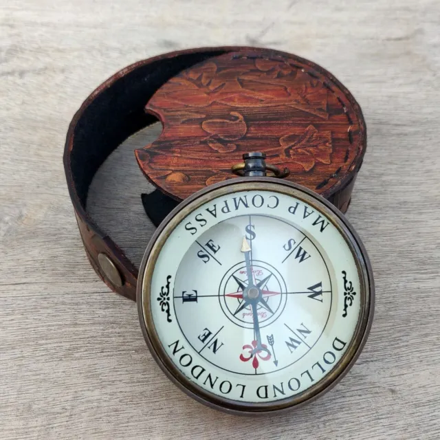 Antique Brass Dollond London Pocket Compass Vintage Gift Compass With Case
