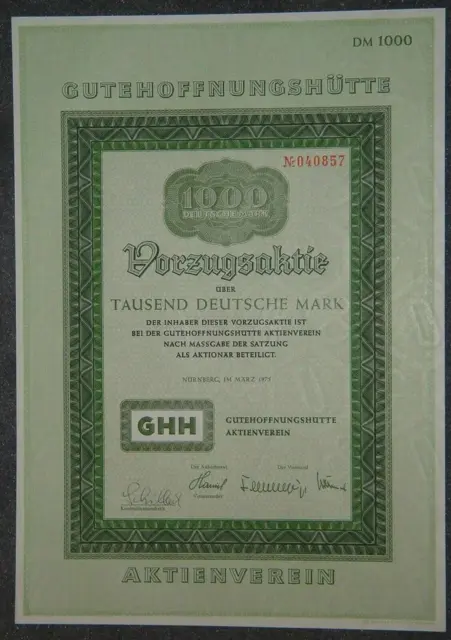 Gutehoffungshütte Aktienverein Vorzüge 1975 1000 DM