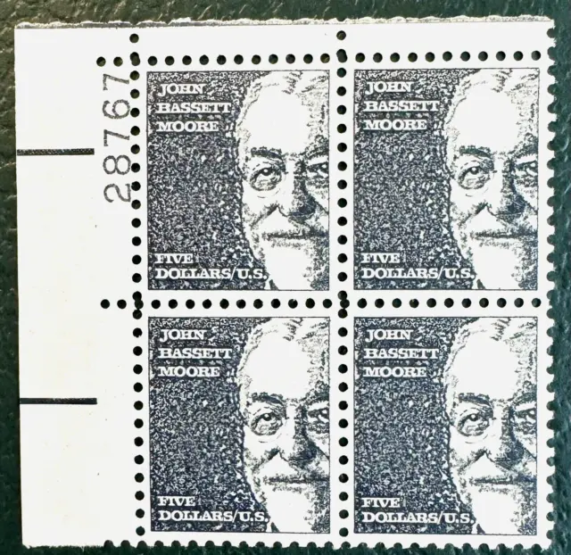 SoCo Stamps US Sc#1295 John Bassett Moore -$5 Plate Block untagged SCV=$42.50