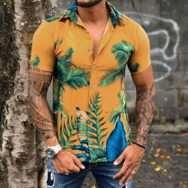 Loose Blouse Fashion Men Spring Summer Casual Beach Printed Patchwork Short