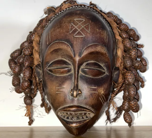 Antique African Tribal Chokwe Mask Angola Filed Teeth Seed Hair Wood Carved