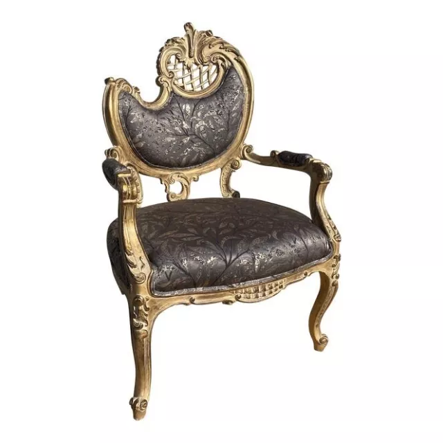 Barque armchair of Louis XV style with gray "Gobelins" patterns fabric and gilde