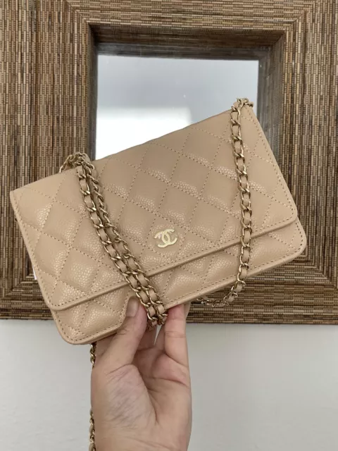 AUTHENTIC BEIGE CHANEL Wallet On Chain WOC Pearl Strap Chain Crossbody  $365.00 - PicClick