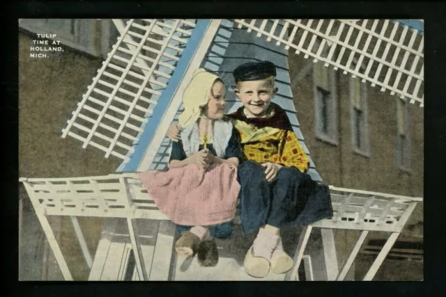 Windmills postcard Holland Michigan MI Dutch children wooden shoes linen