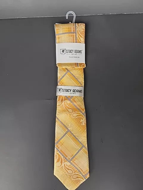 Stacy Adams Tie & Hanky Set Gold New With Geometric Patterns