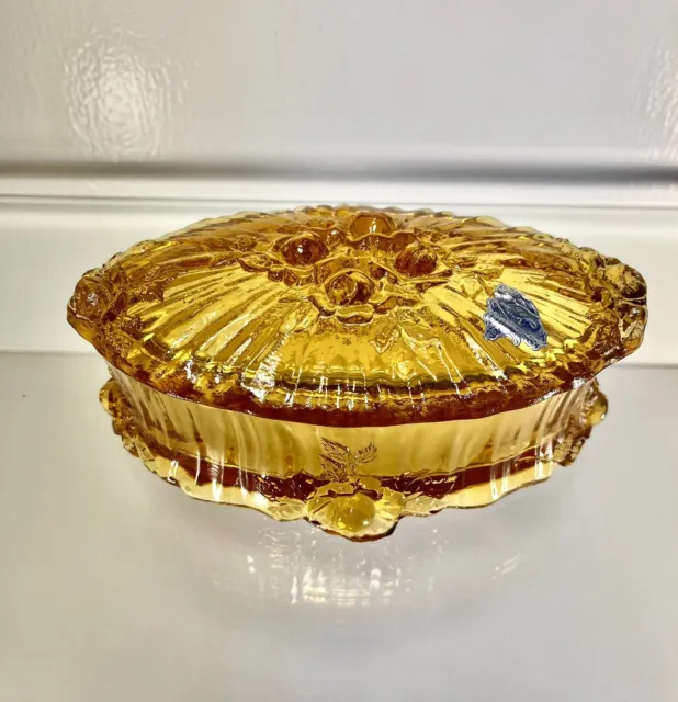 Vtg Fenton Amber Cabbage Rose Glass Oval Trinket Box w Lid & Original Sticker