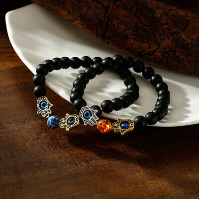Natural Black Matte Stone Evil Eye khamsah Charms Amulet Bracelet for Men Women