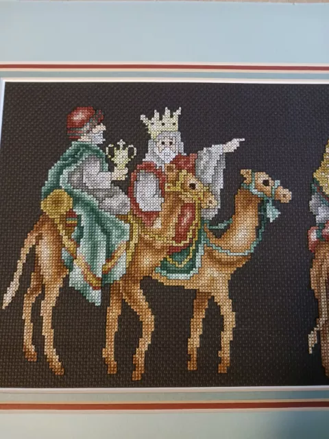 Vtg Cross Stitch Art 3 Wise Men Magi w Gifts Star of Bethlehem Matted Gold Black