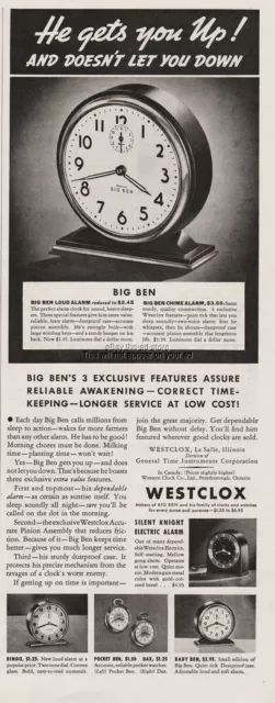 1937 Westclox Big Ben Luminous Dial Silent Knight Alarm Clock Pocket Watch Ad