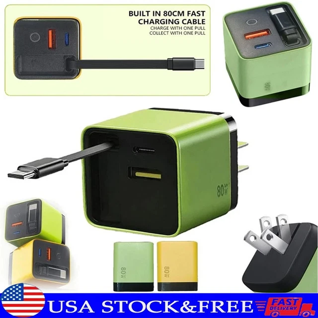 Chargeur GaN 3 En 1 80W Avec Câble Rétractable USB-C - Charge Rapide Pour Smartphone, Tablette, PC