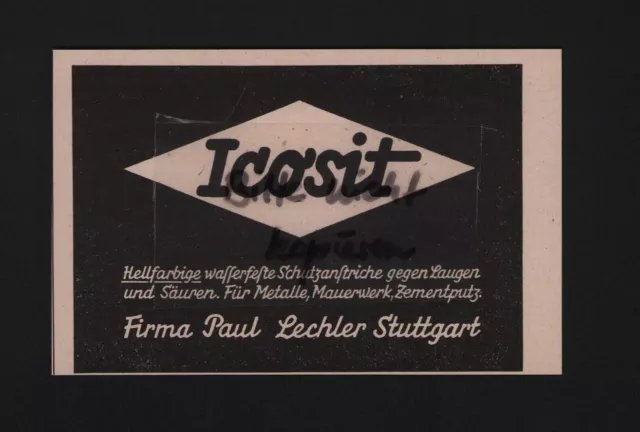 STUTTGART, Werbung 1936, Firma Paul Lechler Icosit wasserfeste Schutzanstriche