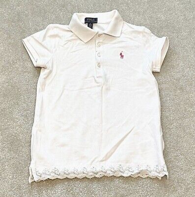 Ralph Lauren Girls White Lace Short Sleeve Polo T-shirt Cotton Size M 8-10 years