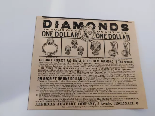 Original 1870s Synthetic Artificial Facsimile Diamond Print Ad Cincinnati France