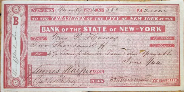 James Harper 1844 Autograph, Signed Check, New York City, NY NYC Mayor/Publisher