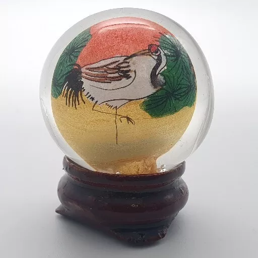 Vintage Reverse Hand Painted Inside Chinese Glass Globe Ball Small With Stand