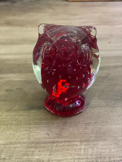 Vintage Lefton Red Art Glass 3" Owl Controlled Bubbles Paperweight Figurine Bird