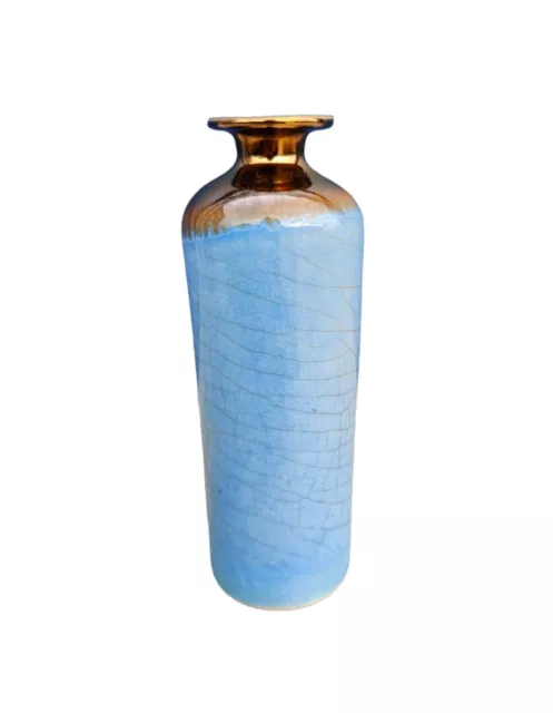 Vintage Studio Art Pottery Miniature Bud Vase Blue Crackle Glaze Bronze Metallic