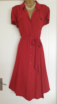 Vintage 40s 50s style red white polka dot repro party shirt tea dress Size 14