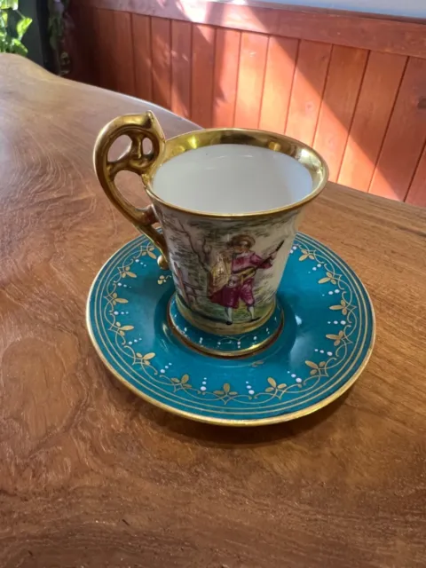 Antique Dresden Courting Couple Demitasse Tea Cup Saucer Set Gold Gilt 2