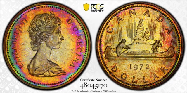 Rainbow TONED 1972 SP 66 Canada Silver Dollar Voyageur Ag PCGS Trueview 1104