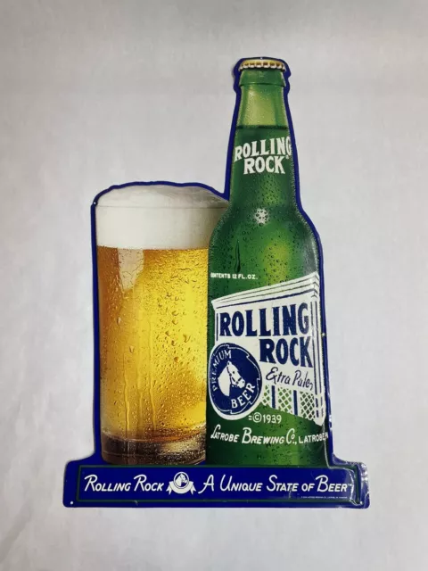 Rolling Rock Extra Pale Metal Sign Bottle & Glass 27 x 15” Latrobe Brewing Co PA