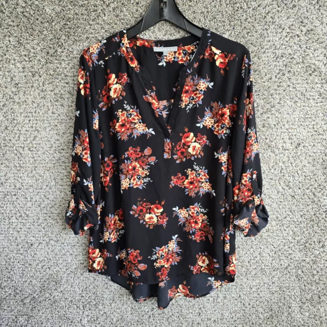 Daniel Rainn Top Womens XL Black Floral Print Blouse Roll Tab Sleeve Casual