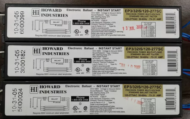 Lot of 3 - Howard Industries Electronic Ballasts 120-277 VAC 50-60HZ .73-.31 AMP