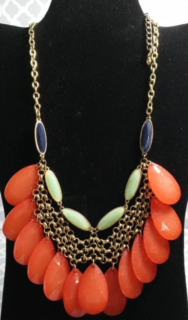 Orange Necklace Chandelier Drop Bib Statement Green Accent Acrylic Faceted