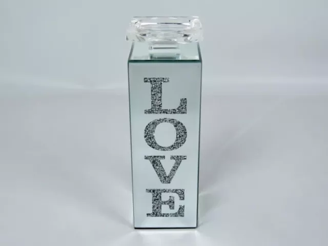 Bling LOVE Crushed 9x28cm Diamond Crystal Mirror Freestanding Tea Light Holder