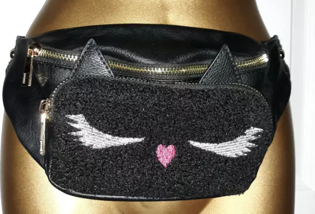 Kitty Cat Black Fanny Pack Belt Bag 2 Zip Compartments Sherpa Face Sz S-XL
