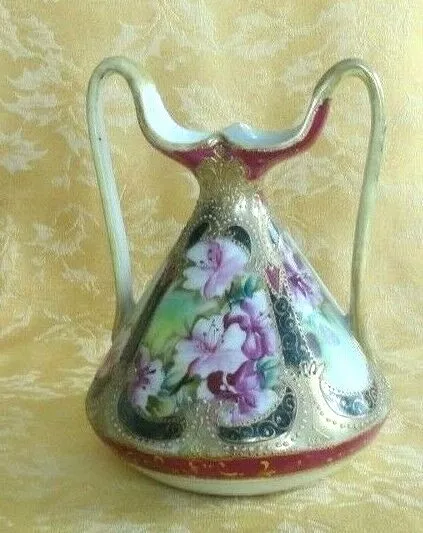 Antique Nippon Porcelain Moriage Hand Painted Handled Vase Maple leaf Mark