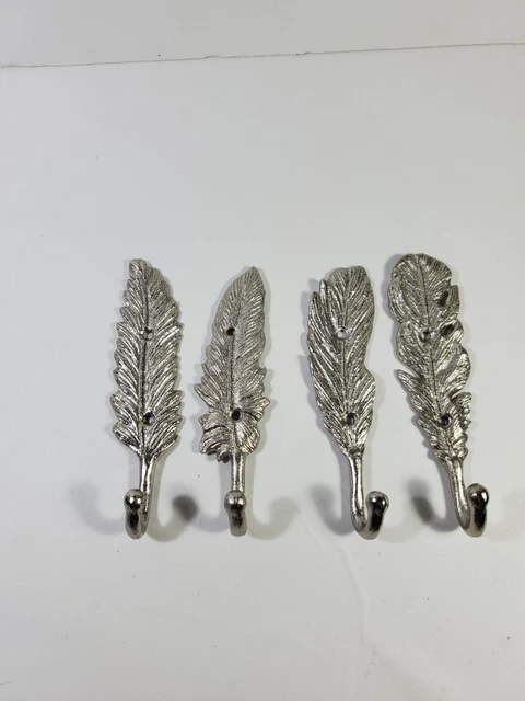 Lot of 4 Cast Metal Feather Shaped Coat Hooks